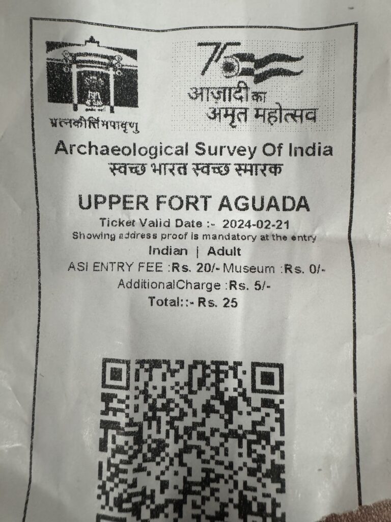 Ticket for Aguada Fort Goa